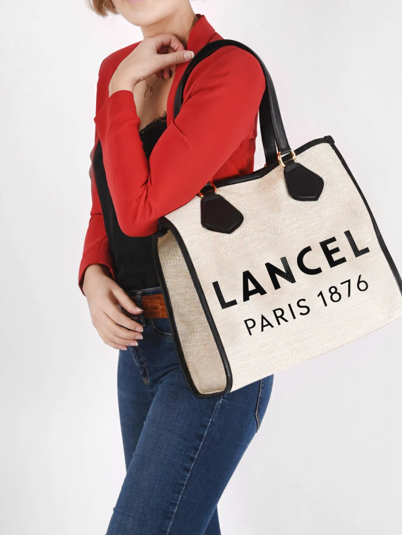Sac Cabas d'été toile de jute et cuir LANCEL