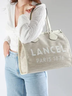 Sac Cabas d'été zippé toile de jute et cuir LANCEL